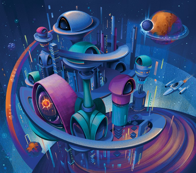 一幅描绘另一个星球上复古未来主义城市的概念插图，背景中有行星、聚变能源和飞行器。