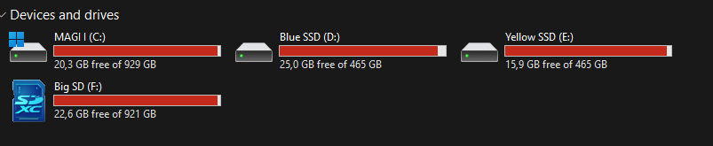Windows 11 显示多个驱动器为红色，因为它们已满。