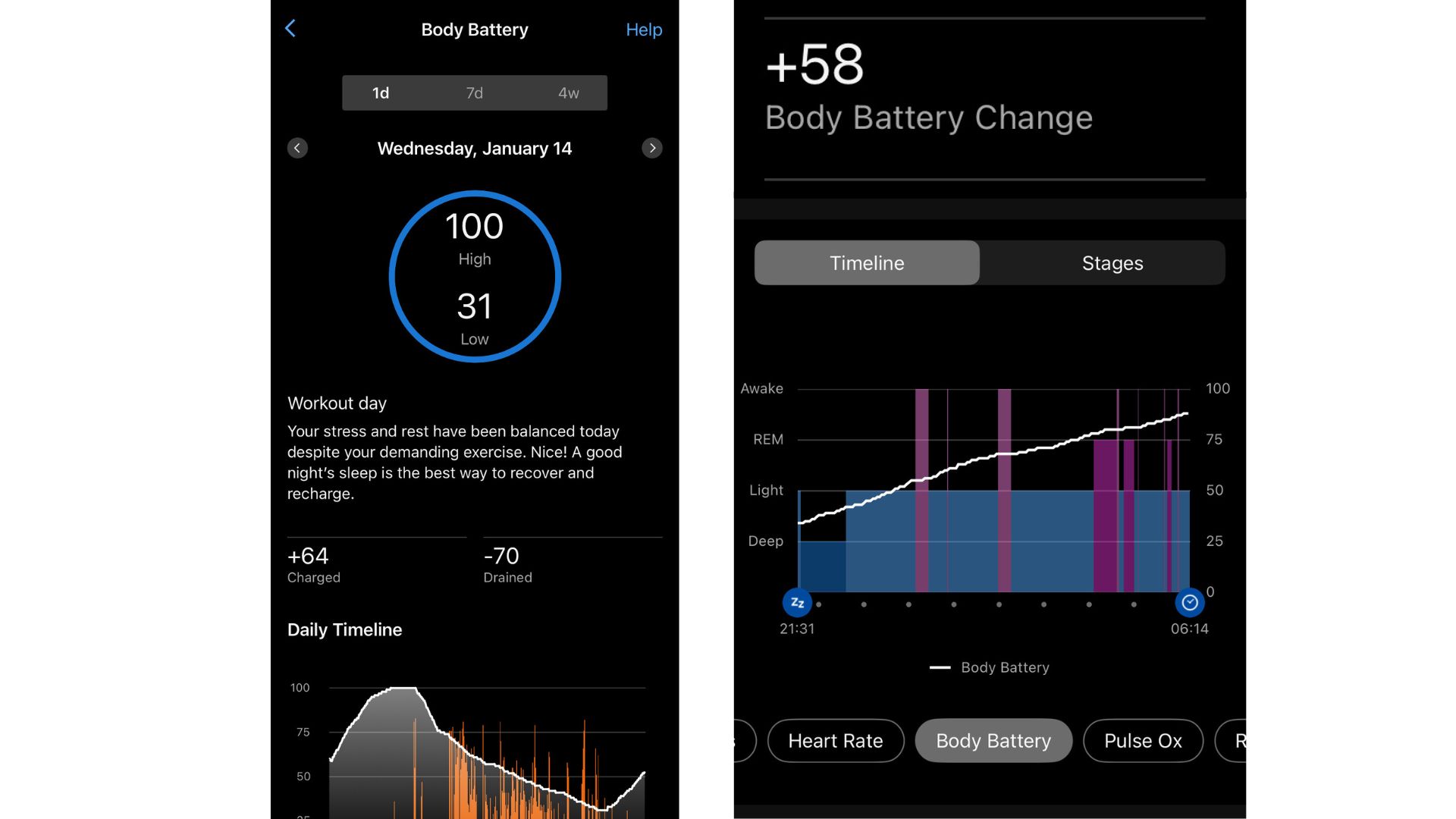 Garmin Connect应用程序界面截图，显示睡眠和压力统计数据