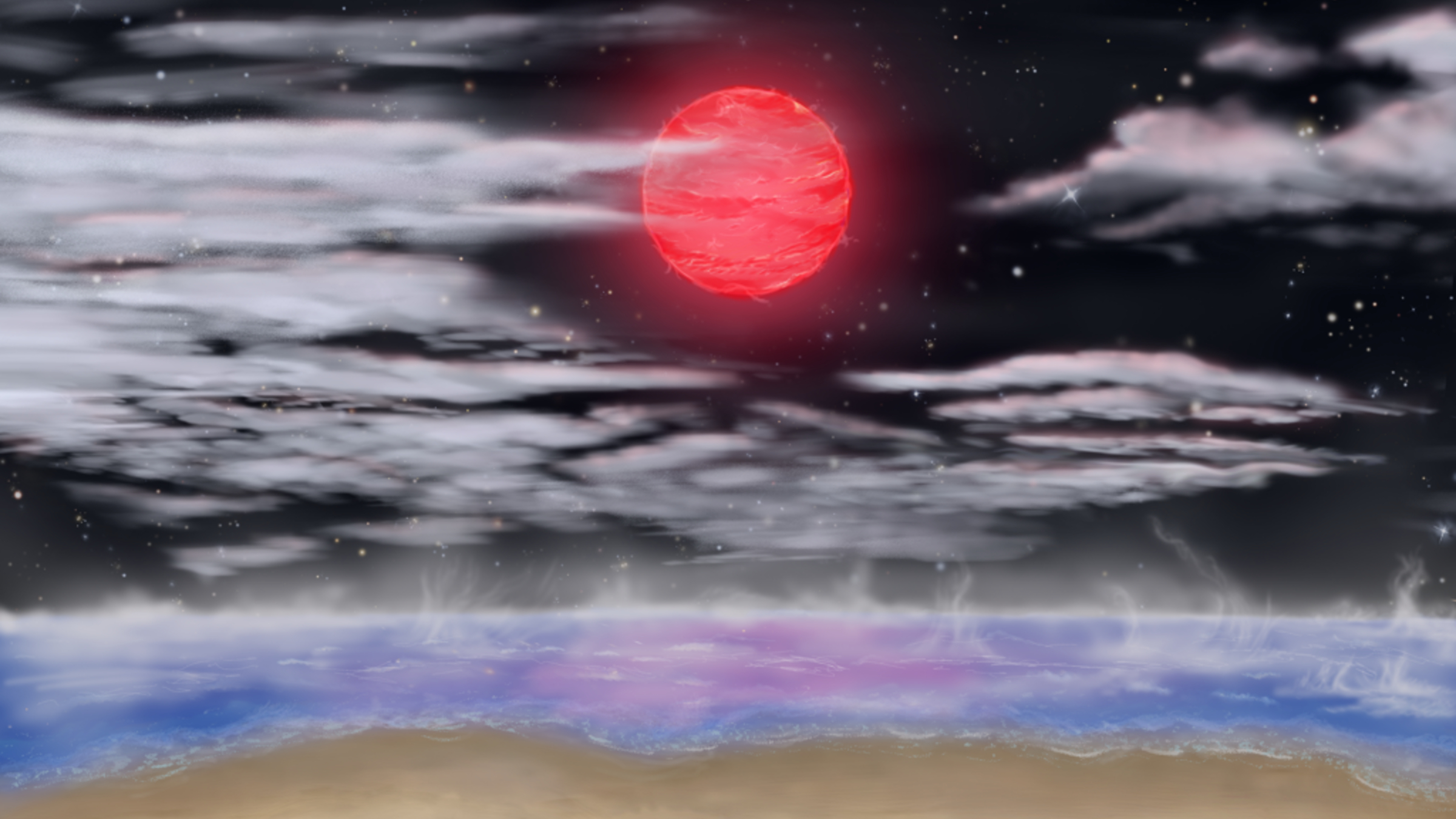 一位艺术家描绘的从外星世界看到的景象，画面中有海洋和天空中的红矮星。